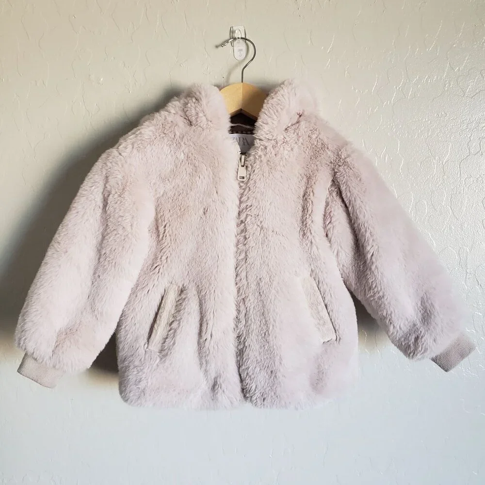 Zara Baby Cozy Soft Faux Fur Hooded Jacket Cream 18-24 Months Full Zip Pockets